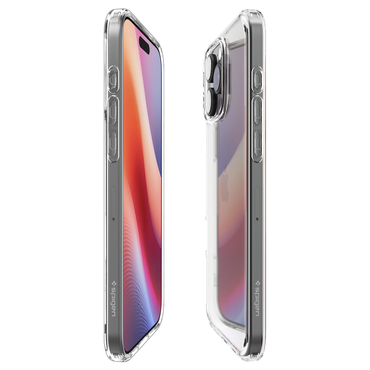 Twee telefoons in transparante hoesjes, zijaanzicht. Merk Spigen zichtbaar.