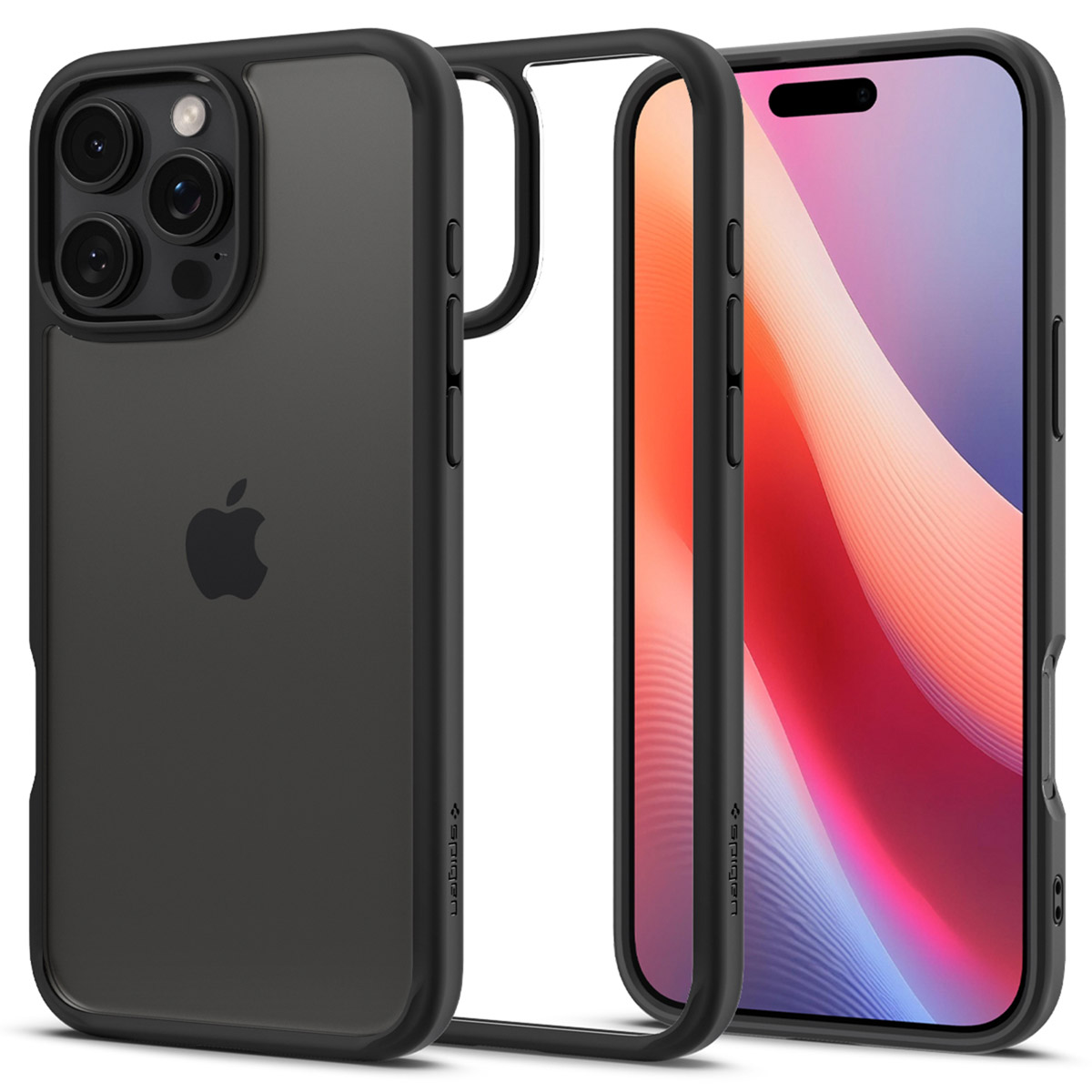 Coque de téléphone avec dos transparent, montrant le téléphone, et cadre protecteur.