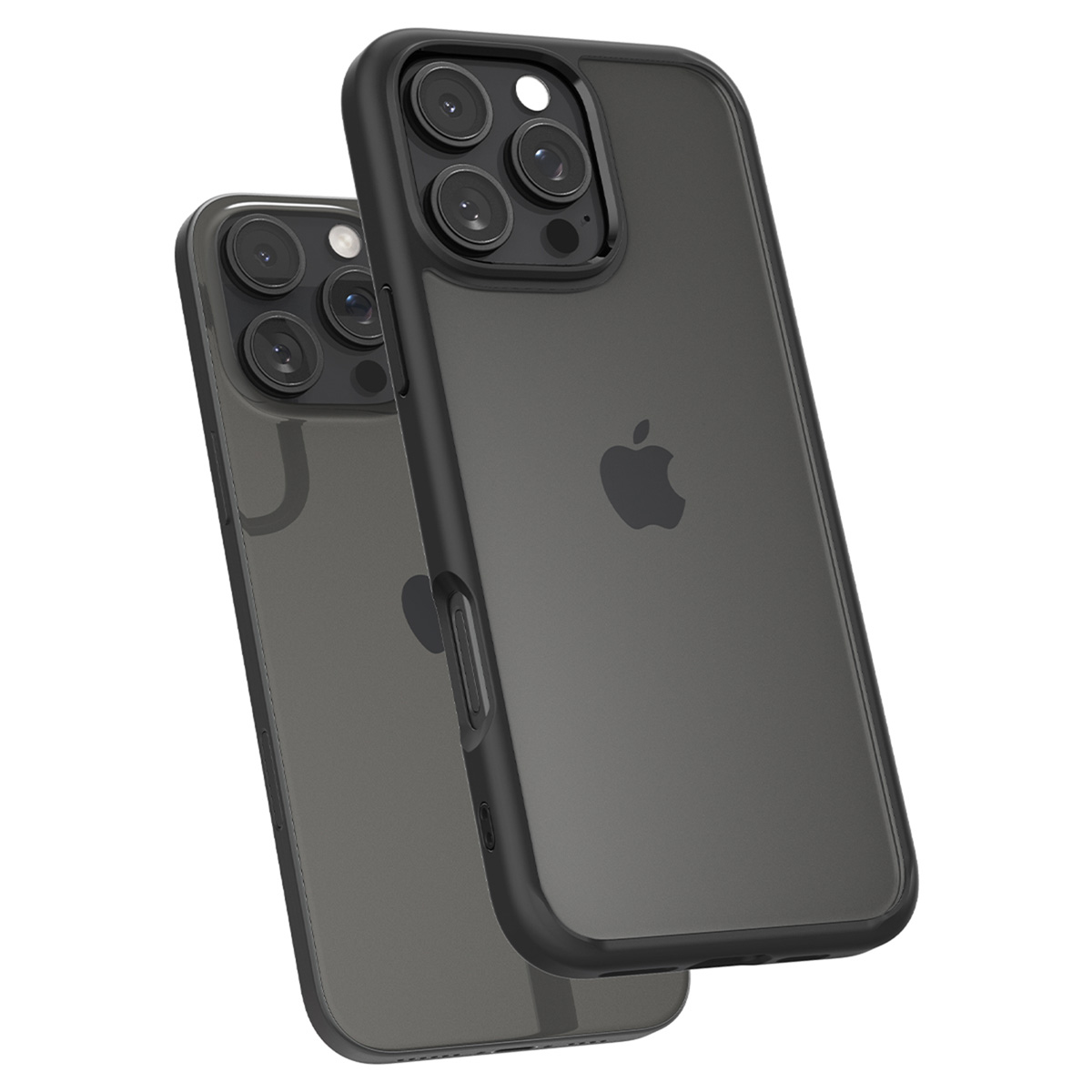 Coque noire avec logo Apple sur un téléphone, fond blanc.