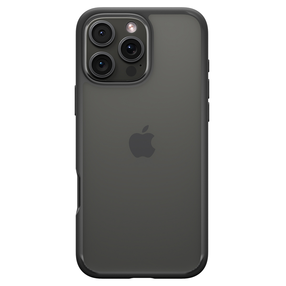 iPhone noir dans un étui gris foncé. L'arrière du téléphone est visible, avec le logo Apple.