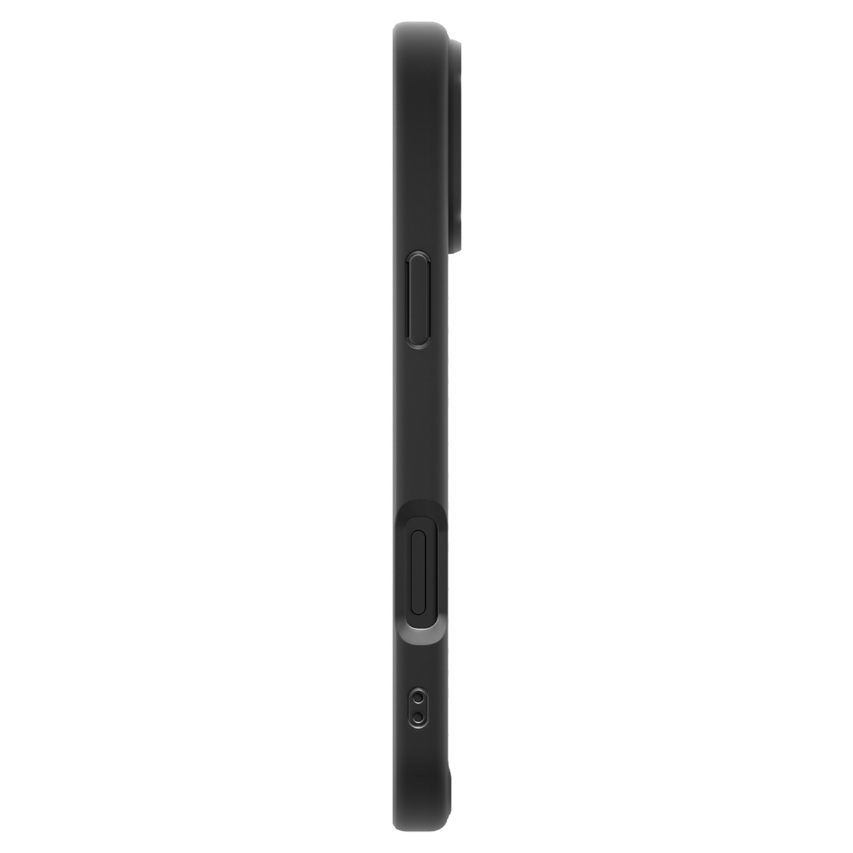 Vue latérale d'une coque de téléphone noire avec découpes pour boutons et ports.