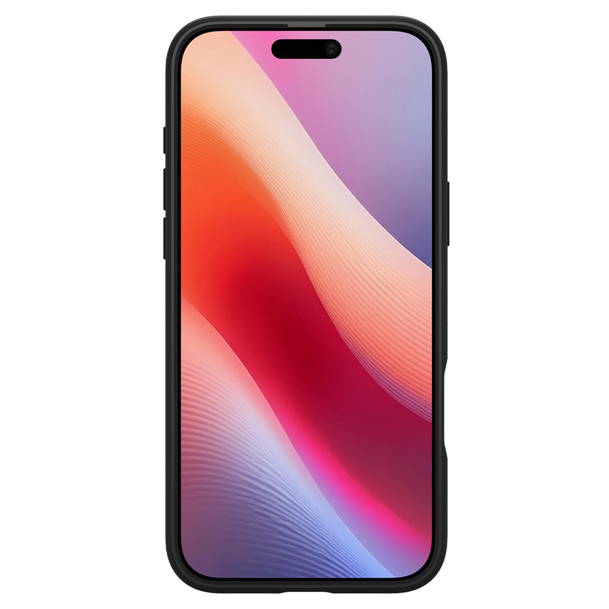 Coque noire avec un iPhone, affichant un écran dégradé coloré, sur fond blanc.