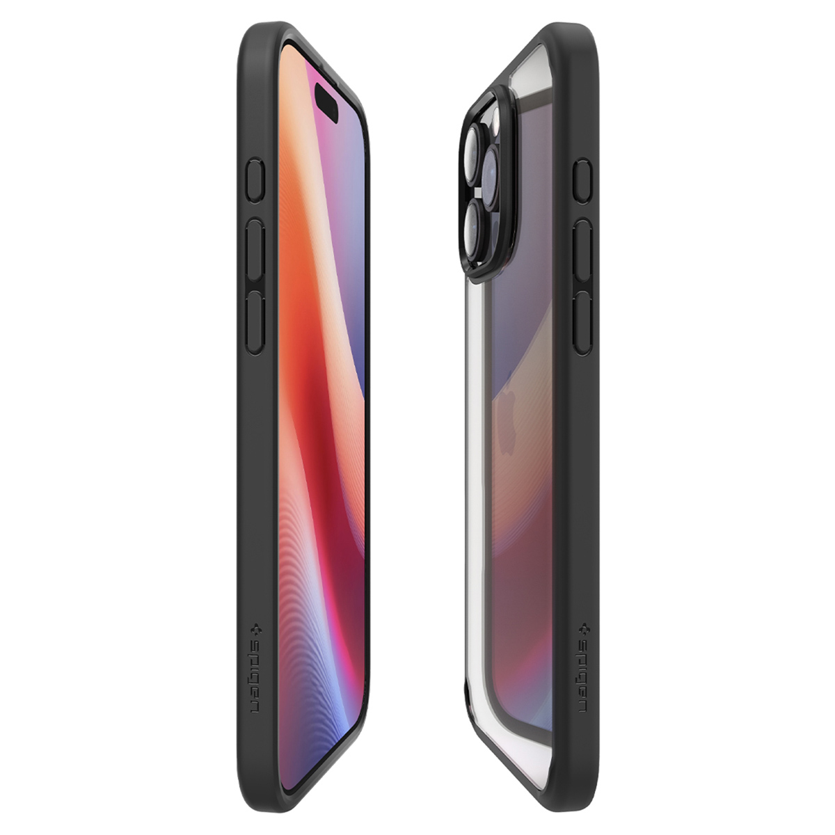 Deux coques de téléphone noires, une avec un téléphone, vues de côté, marque Spigen.