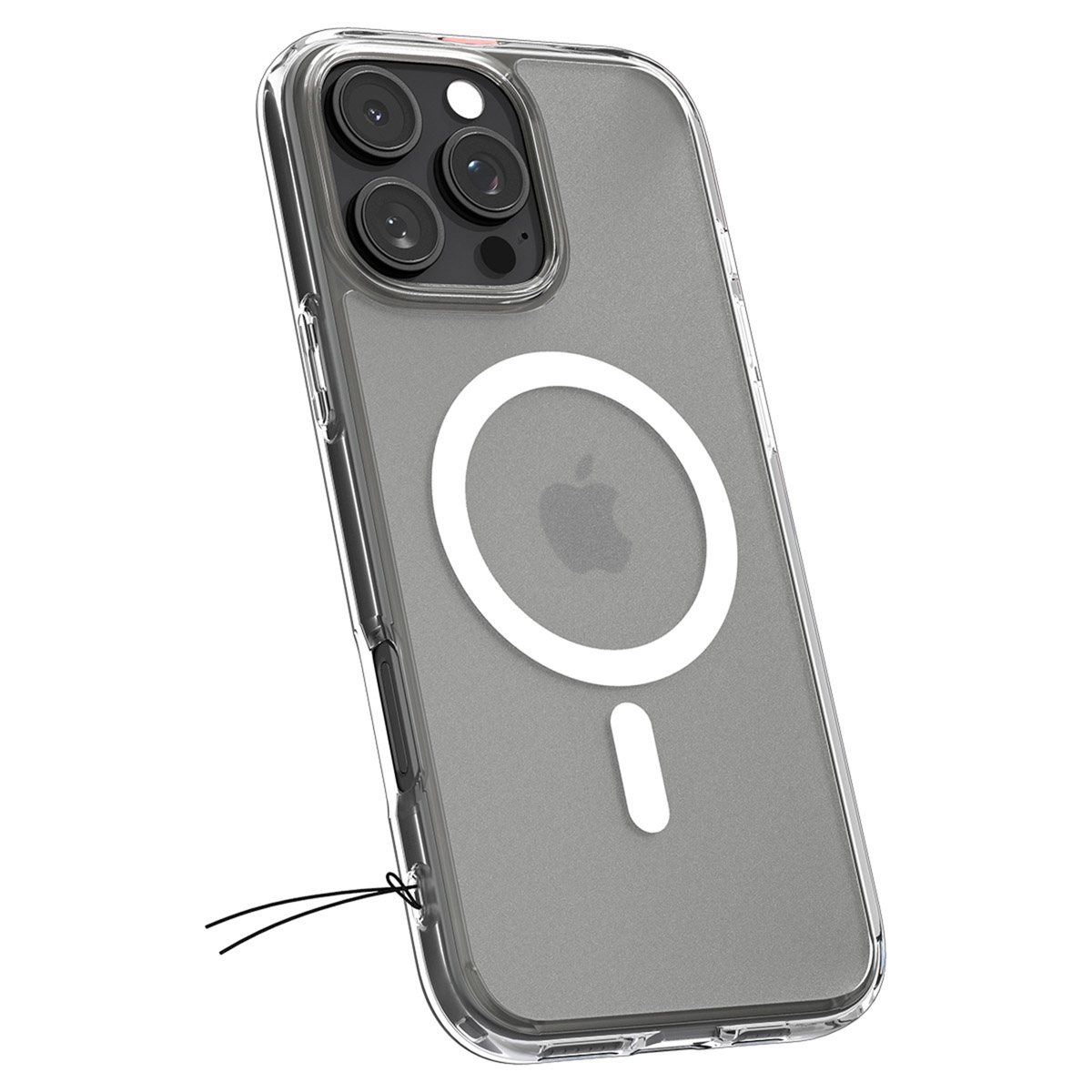 Transparante telefoonhoes met MagSafe-ring en een iPhone met drie camera's.