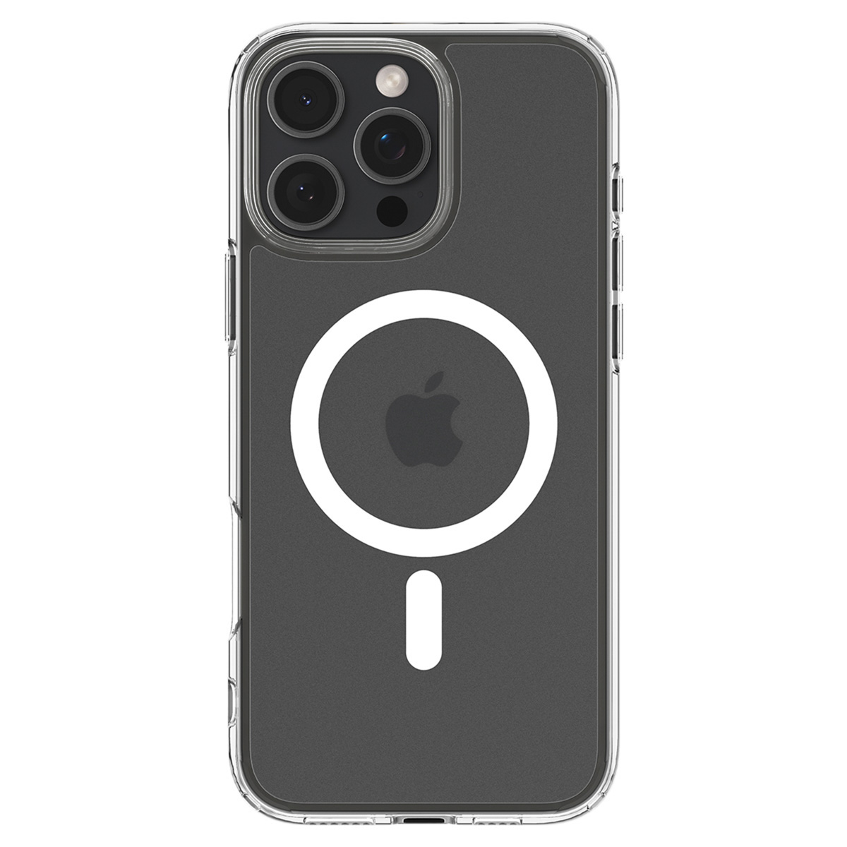 Transparante telefoonhoes met witte MagSafe-cirkel op zwarte achtergrond. iPhone zichtbaar.