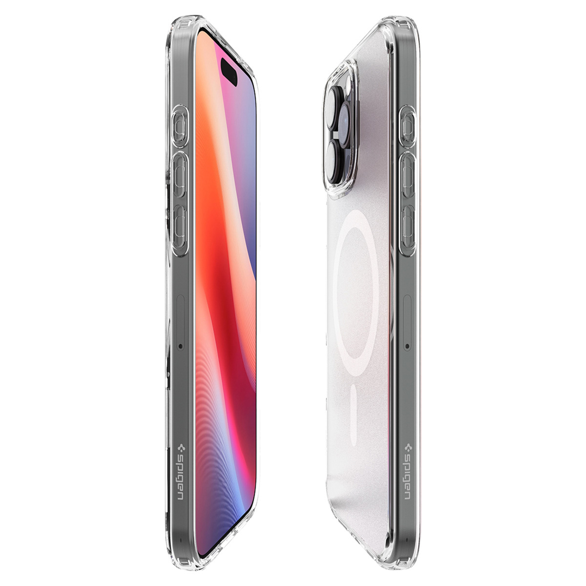 Twee telefoonhoesjes, één links, één rechts. Beide zijn transparant. De telefoon is van binnen zichtbaar.