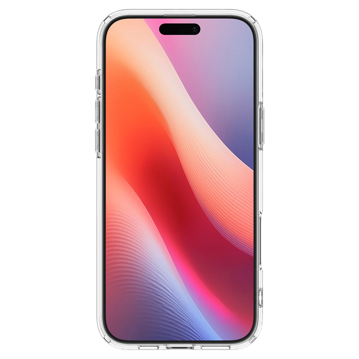 Een telefoon zit in een doorzichtig hoesje met een kleurrijke achtergrond. De telefoon is gecentreerd. De hoes is doorzichtig.