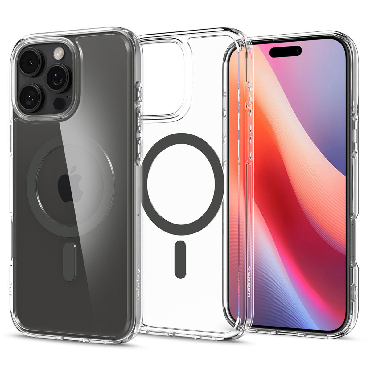 Transparante telefoonhoes met een zwart Apple-logo en een telefoon met een kleurrijk scherm.