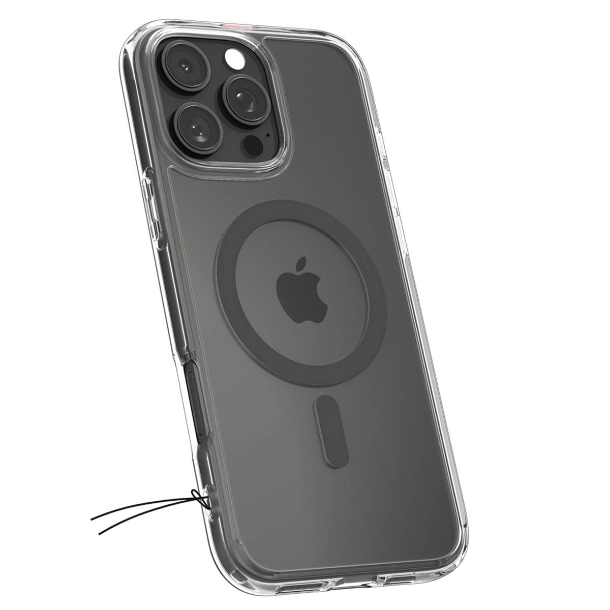 Transparante telefoonhoes met Apple-logo, cirkelvormige magneet en drie lenzen.