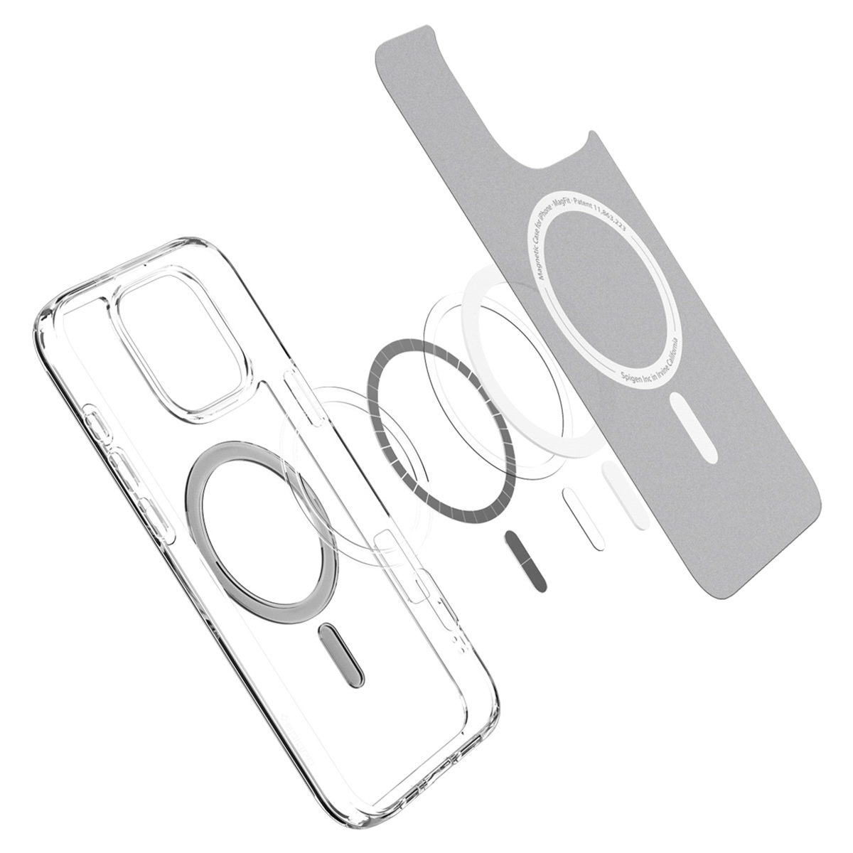 Transparante telefoonhoes met MagSafe-componenten, explosie-aanzicht. Ringen en metalen achterkant zichtbaar.