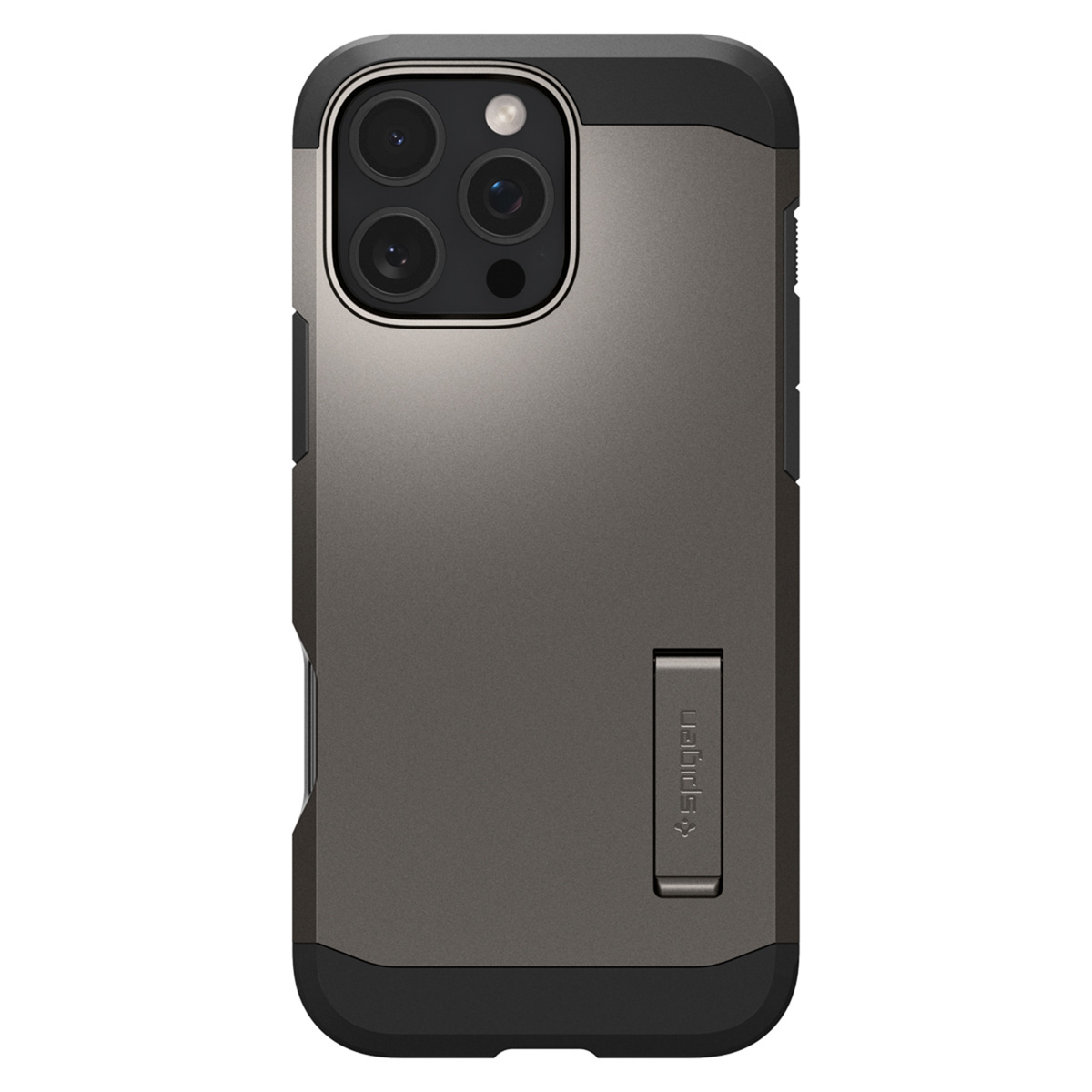 Custodia per telefono con telefono all'interno. Grigio scuro e nero. Supporto incluso. Logo Spigen visibile.