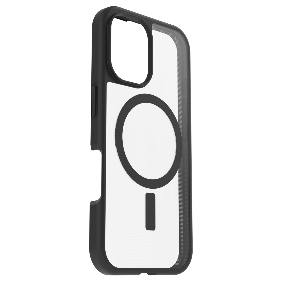 Coque noire avec un anneau MagSafe transparent et une découpe pour l'iPhone.