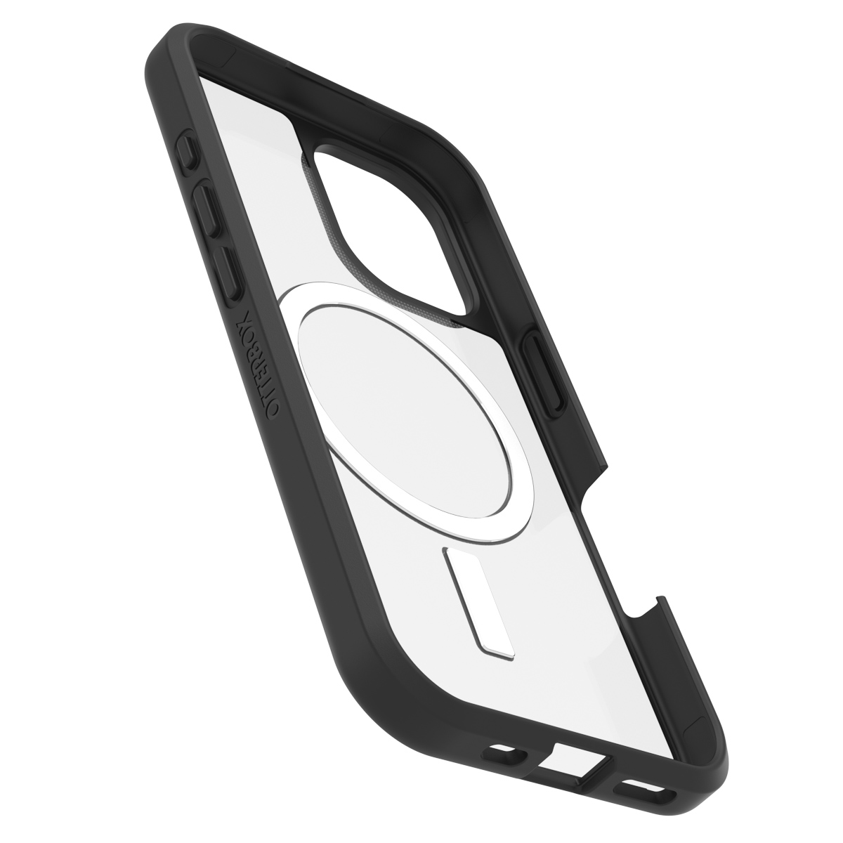 Coque de téléphone noire, dos transparent. Un cercle blanc et un rectangle sont visibles.