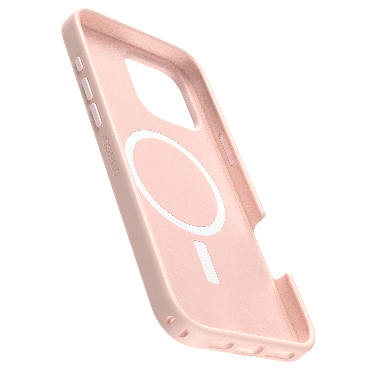 Custodia rosa per telefono. L'interno mostra un anello MagSafe e la cornice.