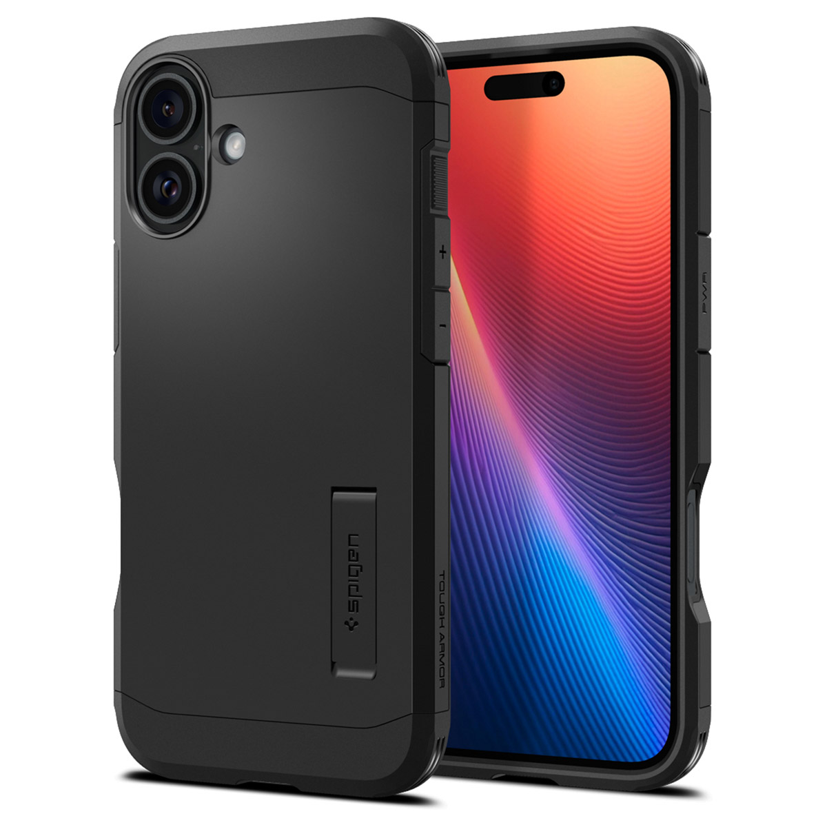 Téléphone noir dans étui avec support, vue latérale, fond blanc.