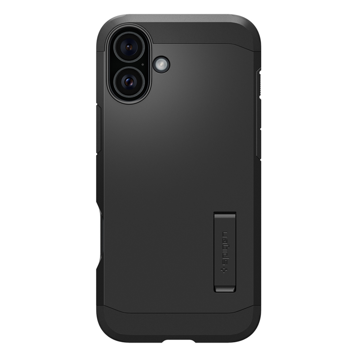 Coque noire avec double caméra et béquille à l'arrière.
