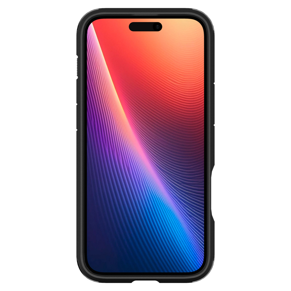 Téléphone dans un étui noir avec un affichage d'écran en dégradé de couleurs.