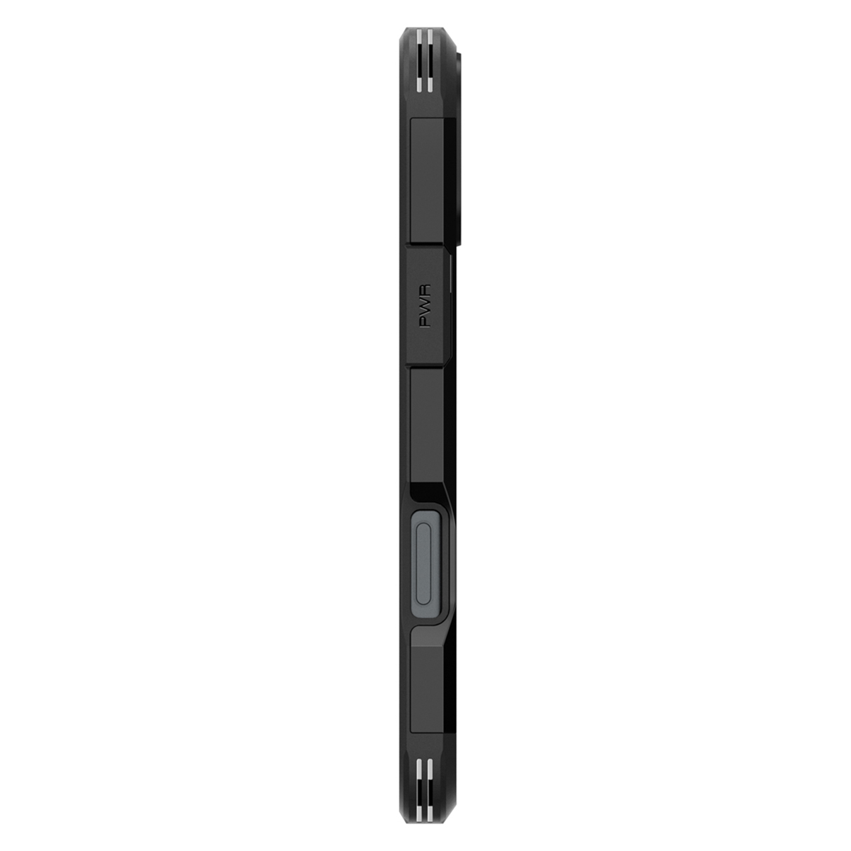 Vue latérale d'une coque de téléphone noire. Boutons visibles. La marque PWR est affichée.
