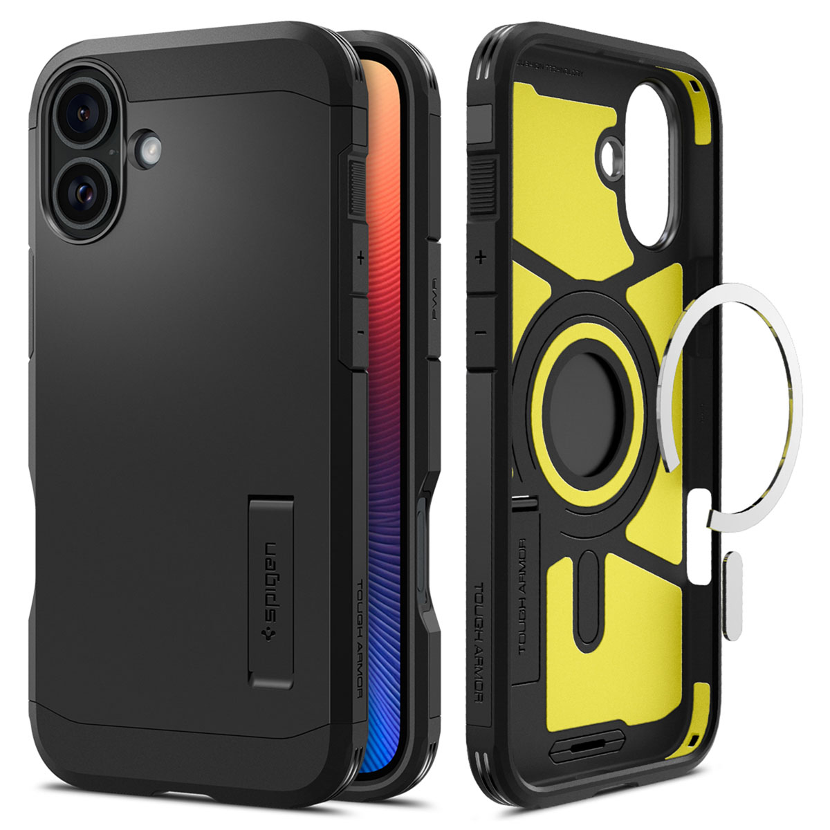 Téléphone avec étui. L'étui est noir et jaune. L'étui a un support et un anneau.