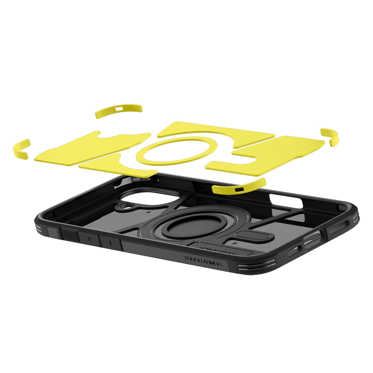 Coque de téléphone noire démontée avec des inserts jaunes. Coque avec anneau et inserts jaunes.