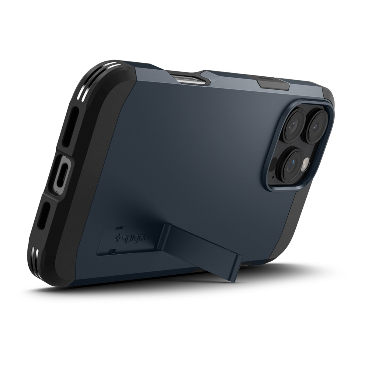 Custodia blu scuro con supporto, vista angolata. Mostra la fotocamera e il supporto.