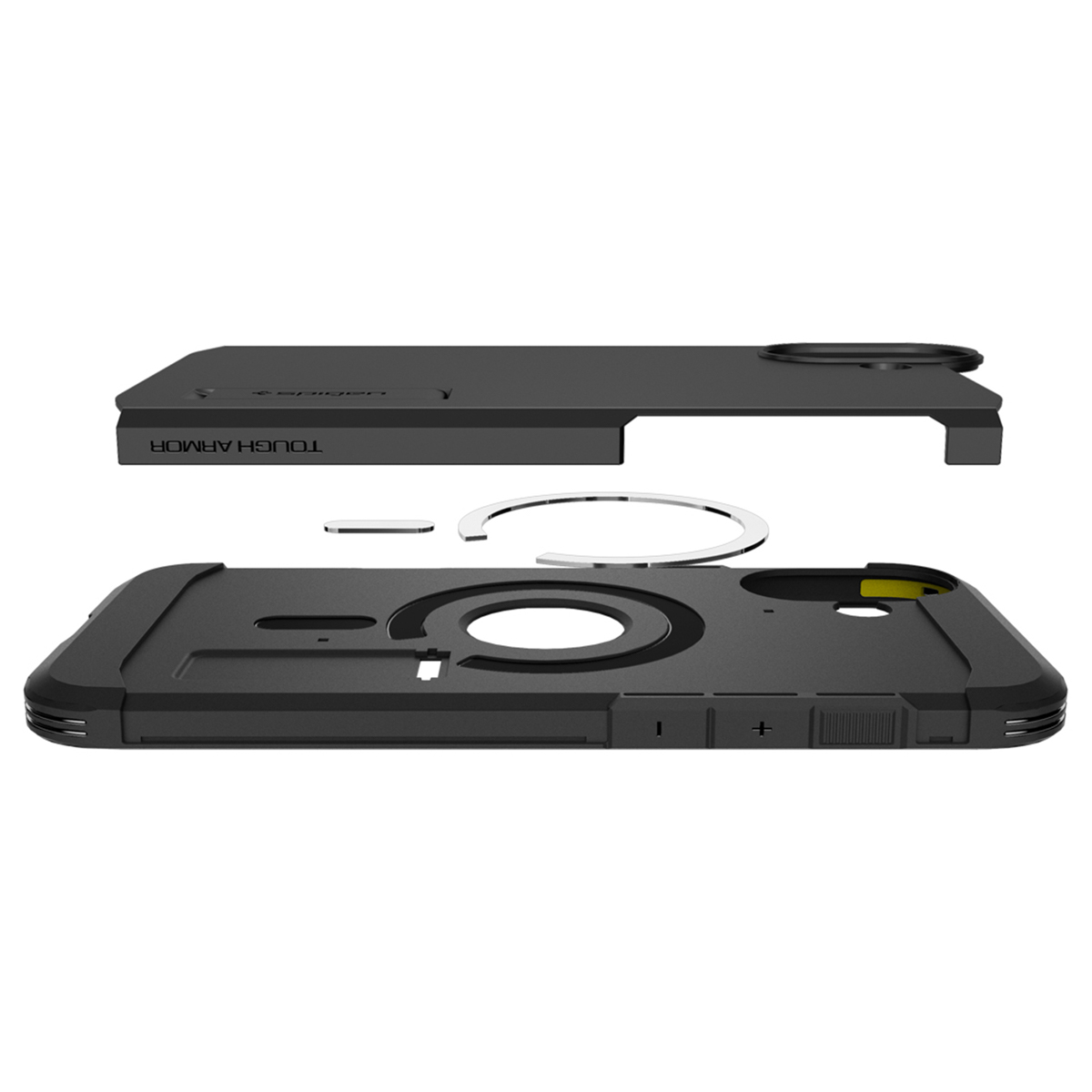 Composants de coque de téléphone noire. Séparés en trois parties, avec anneau magnétique et boutons.