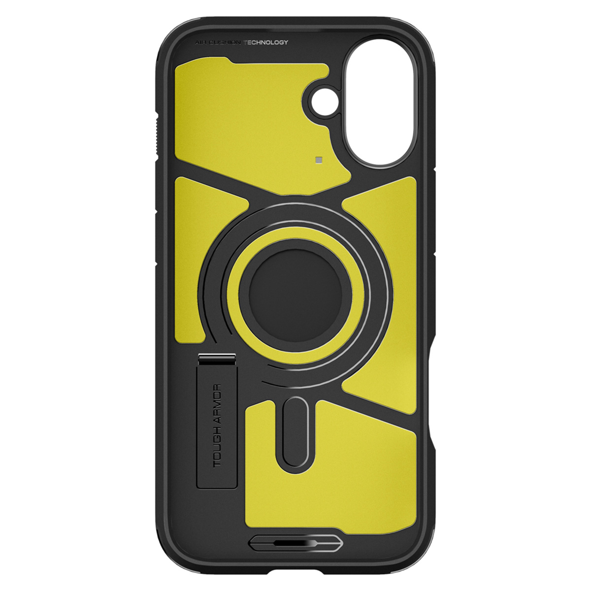 Coque de téléphone jaune et noire avec béquille. L'étui est sur une surface blanche.