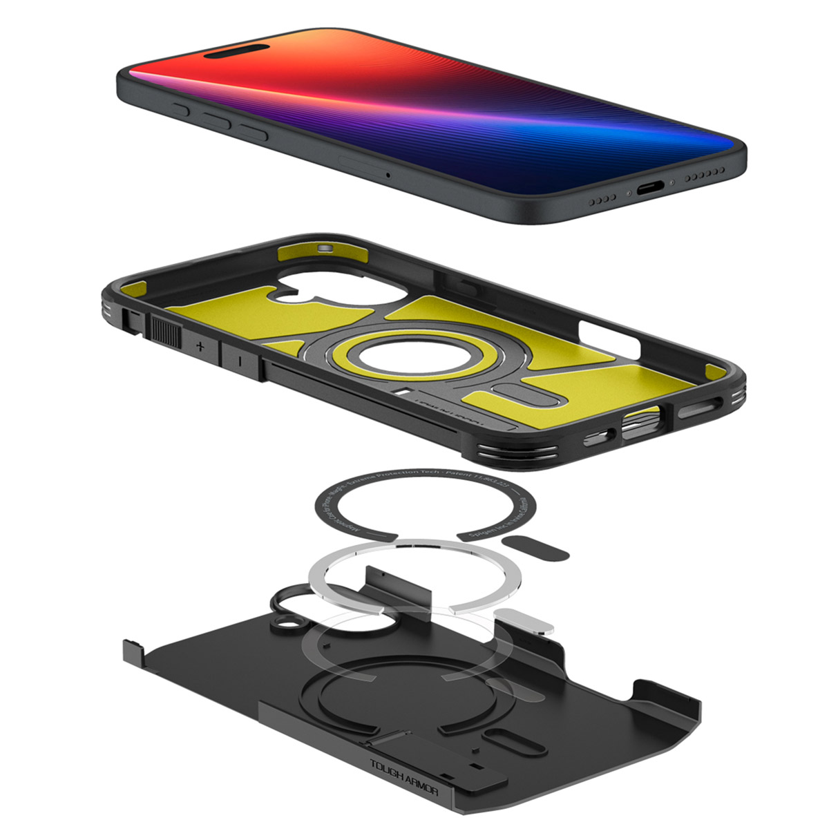 Vue éclatée d'une coque de téléphone avec anneaux MagSafe et un téléphone, intérieur jaune.