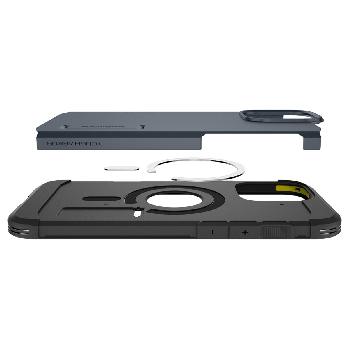 Componenti della custodia del telefono: Cornice, cavalletto, anello MagSafe e pulsanti.