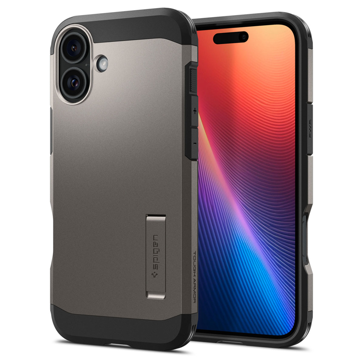 Grijze en zwarte telefoonhoes met een iPhone, met een kleurrijk verloop scherm.
