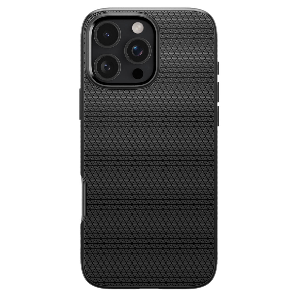 Custodia nera per telefono con superficie strutturata e lenti della fotocamera in alto.