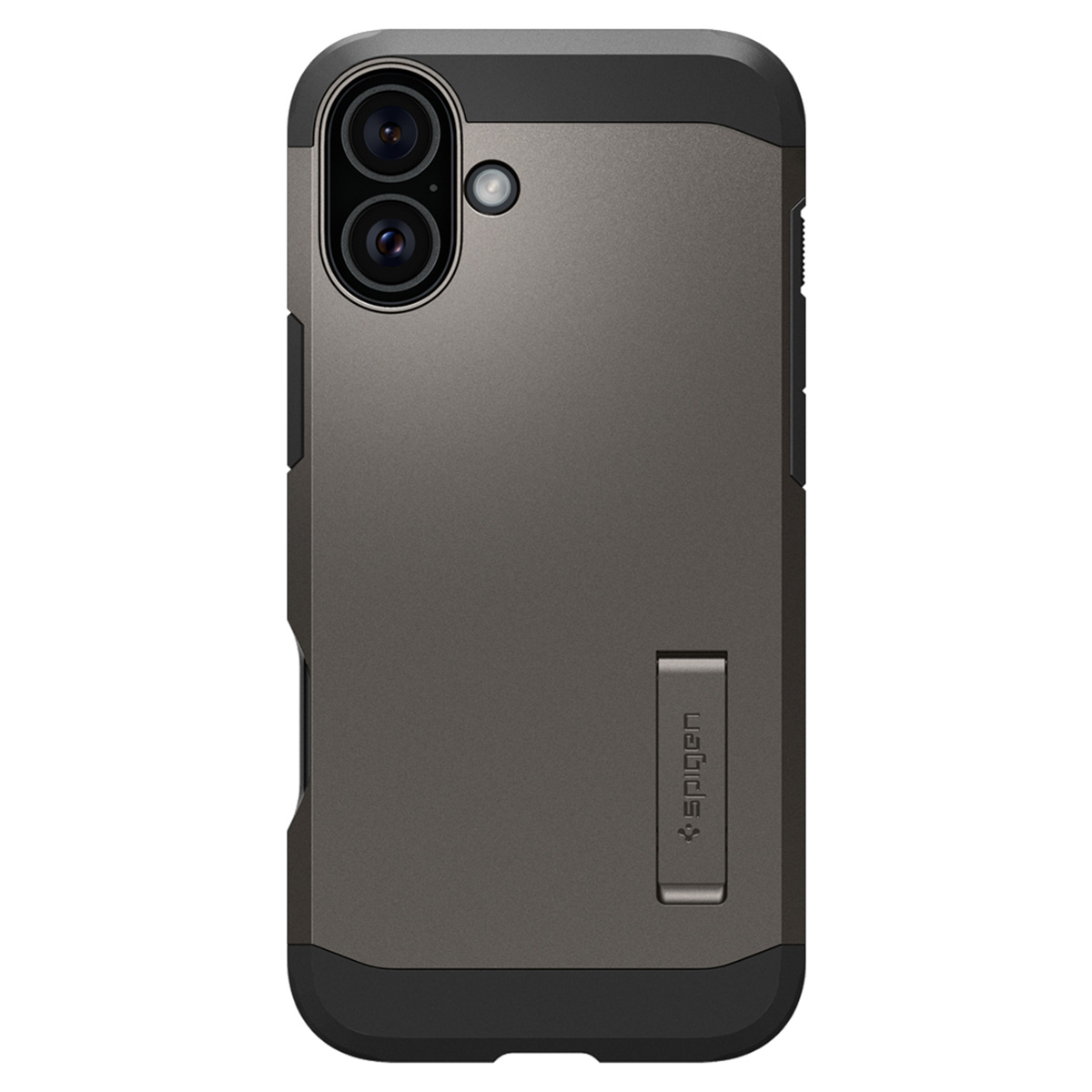 Donkergrijze telefoonhoes met twee camera's, een standaard en Spigen-logo. Zwarte randen.