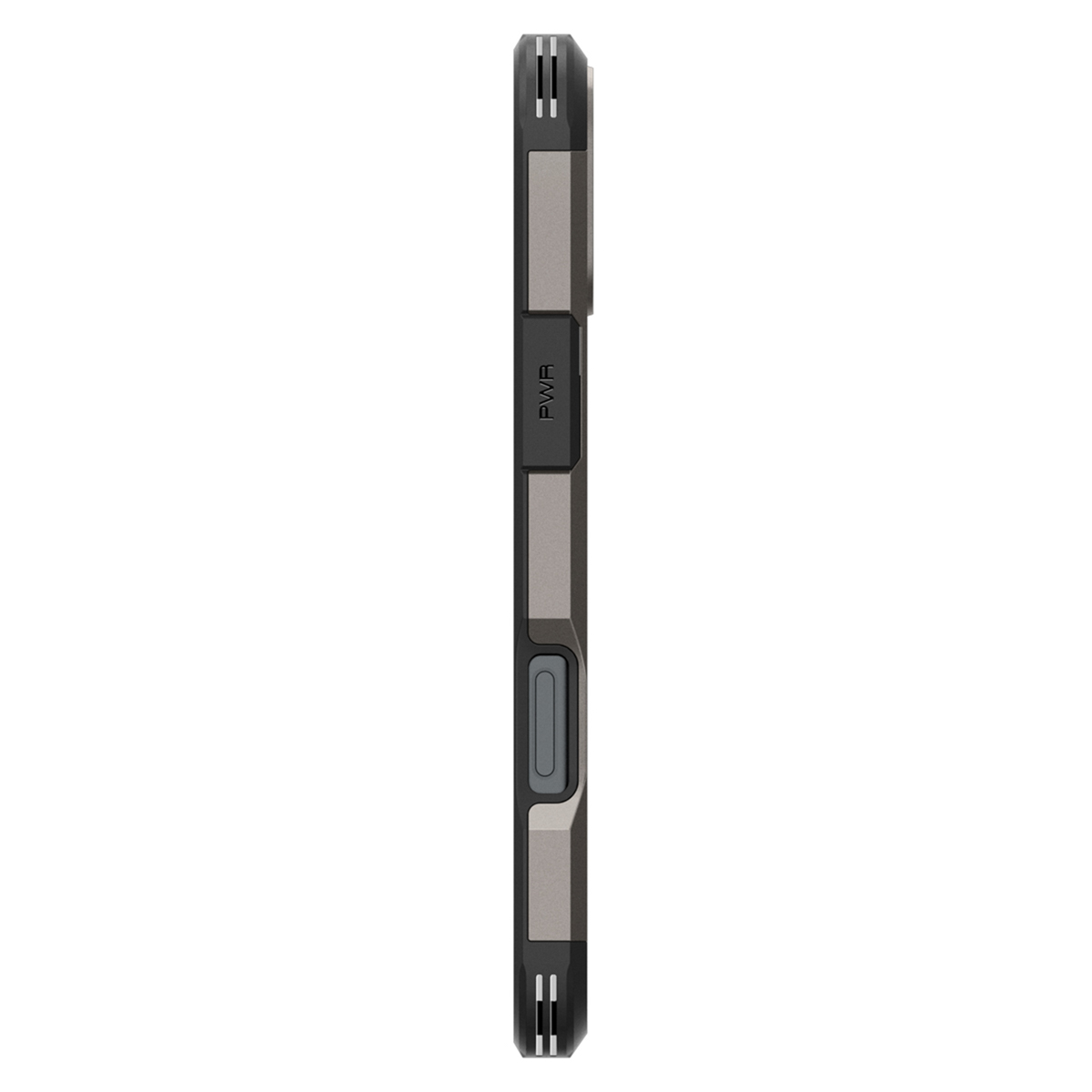 Zijaanzicht van een telefoonhoesje. Het is grijs en zwart met knoppen. PWR is zichtbaar.