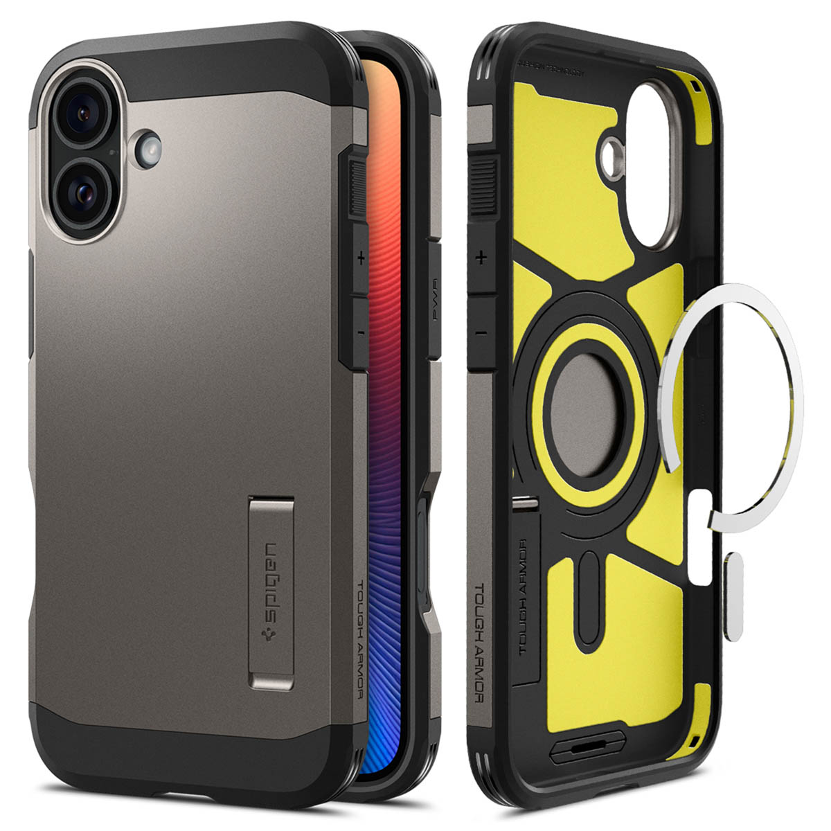 Grijze en zwarte telefoonhoes in gesplitste weergave. Telefoon heeft kleurenscherm en kickstand.