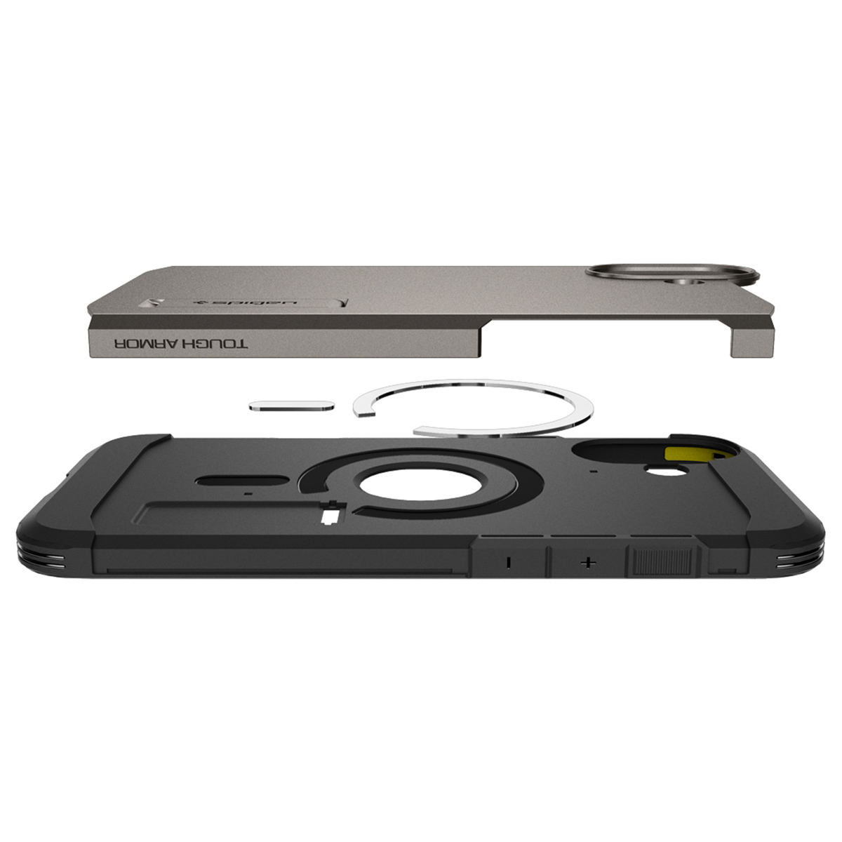 Zwarte telefoonhoes componenten. Inclusief bovenklep, ring en hoes.