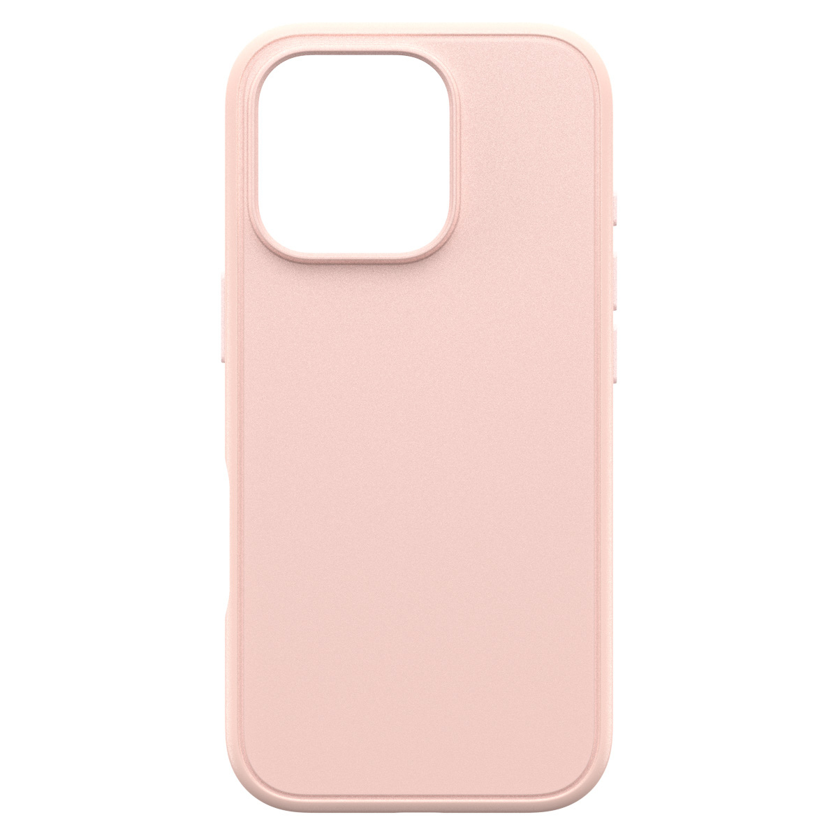 Roze telefoonhoesje voor een iPhone. Het heeft een camera-uitsparing en uitsparingen voor volume/aan-uitknop.