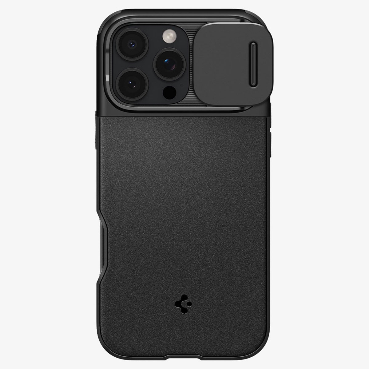 Zwarte telefoonhoes met cameramodulehoes. De hoes heeft een getextureerde achterkant en een logo.