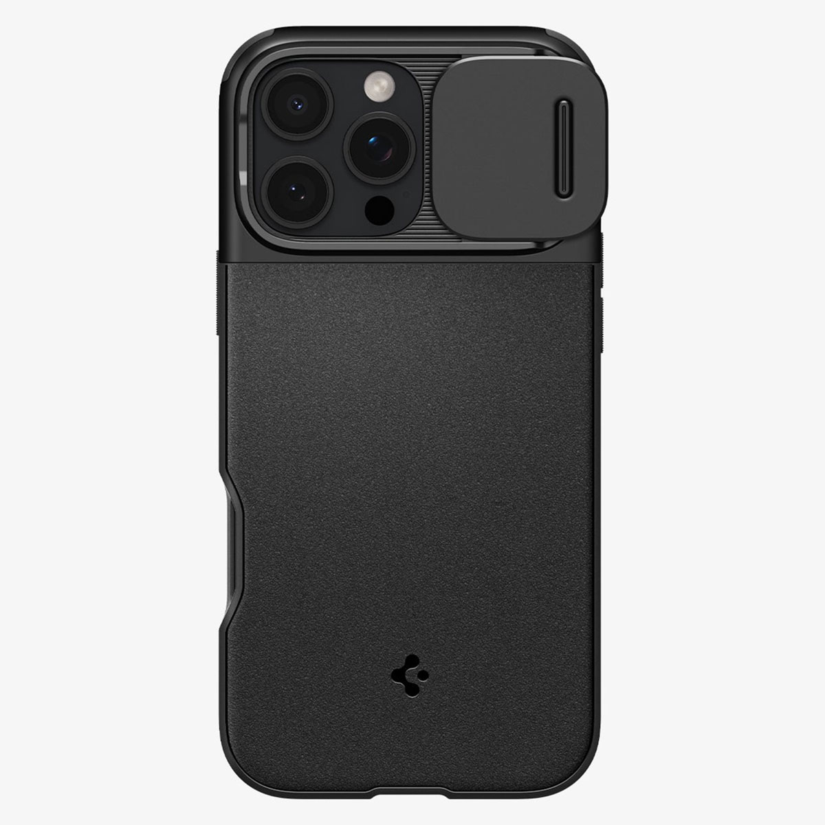 Custodia nera per telefono con copertura della fotocamera e logo Spigen. Tre lenti visibili.