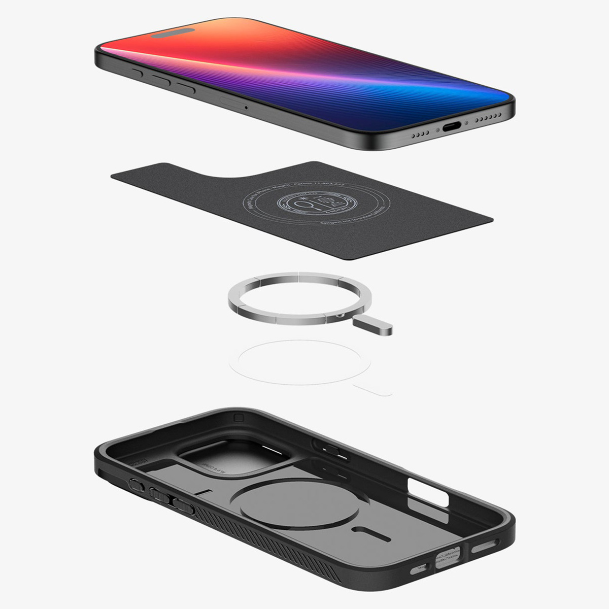 Exploded view van een telefoon, hoes, ring en magneet voor MagSafe.