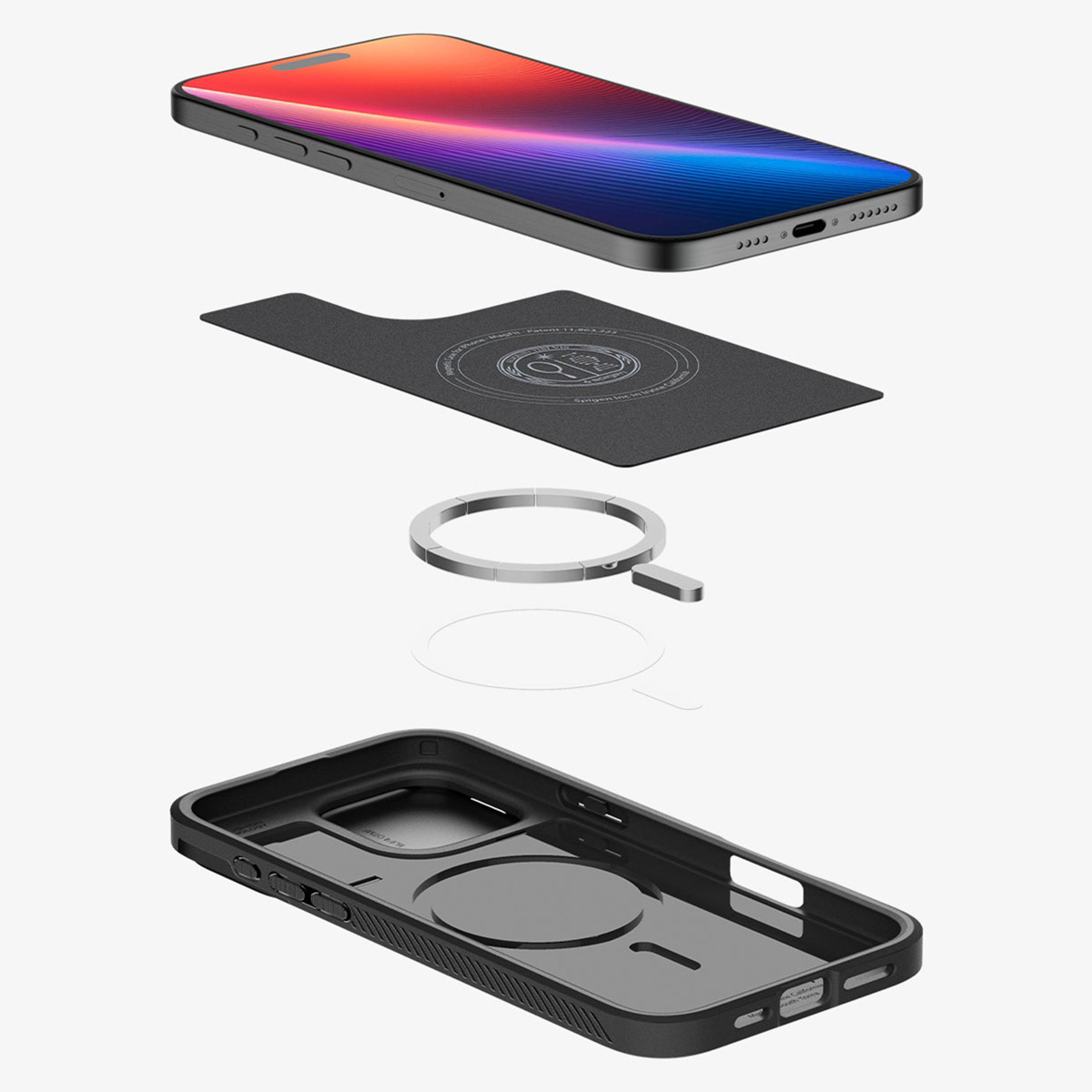Telefono e accessori. I componenti sono separati, tra cui una custodia, un anello e un tappetino di ricarica.