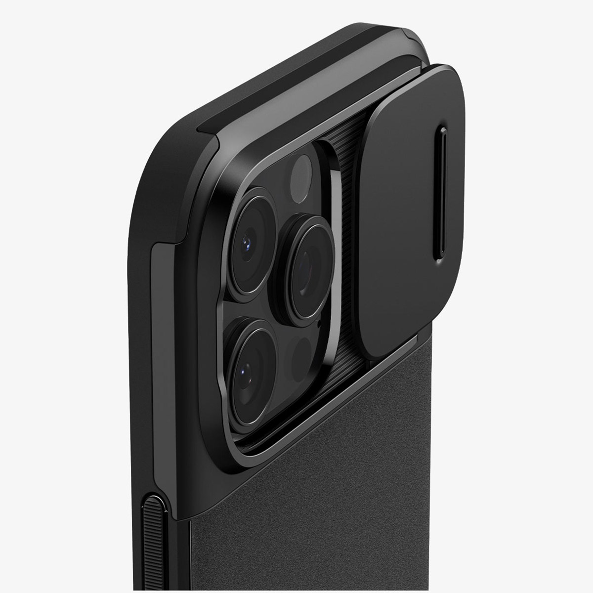Custodia nera per telefono con copertura dell'obiettivo della fotocamera. Obiettivi della fotocamera visibili, copertura parzialmente aperta.