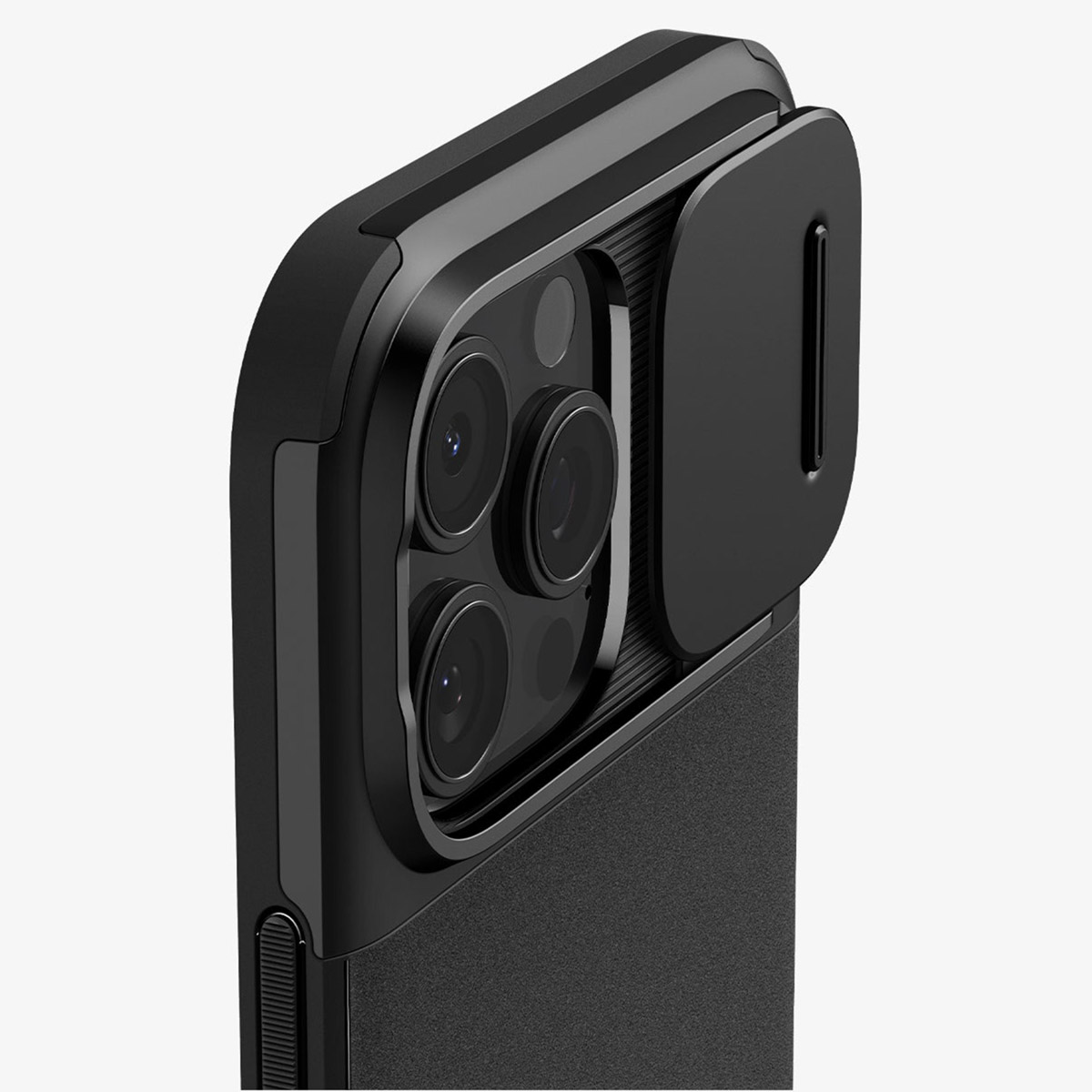 Close-up van een zwarte telefoonhoes met de camera bedekt. De hoes bedekt de lenzen.
