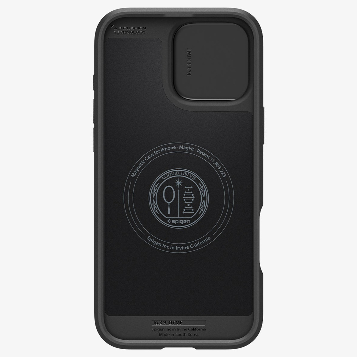 Zwarte telefoonhoes. De hoes toont het Spigen-logo.