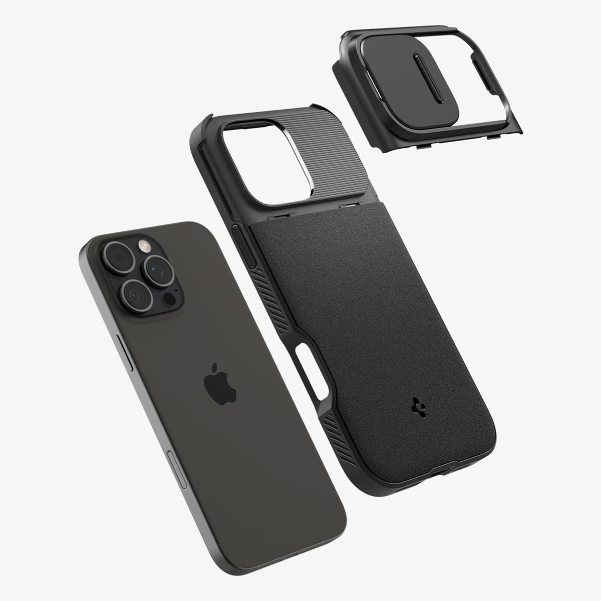 Telefoon met camera en hoesonderdelen in de lucht. Hoes is zwart, telefoon is donkergrijs.