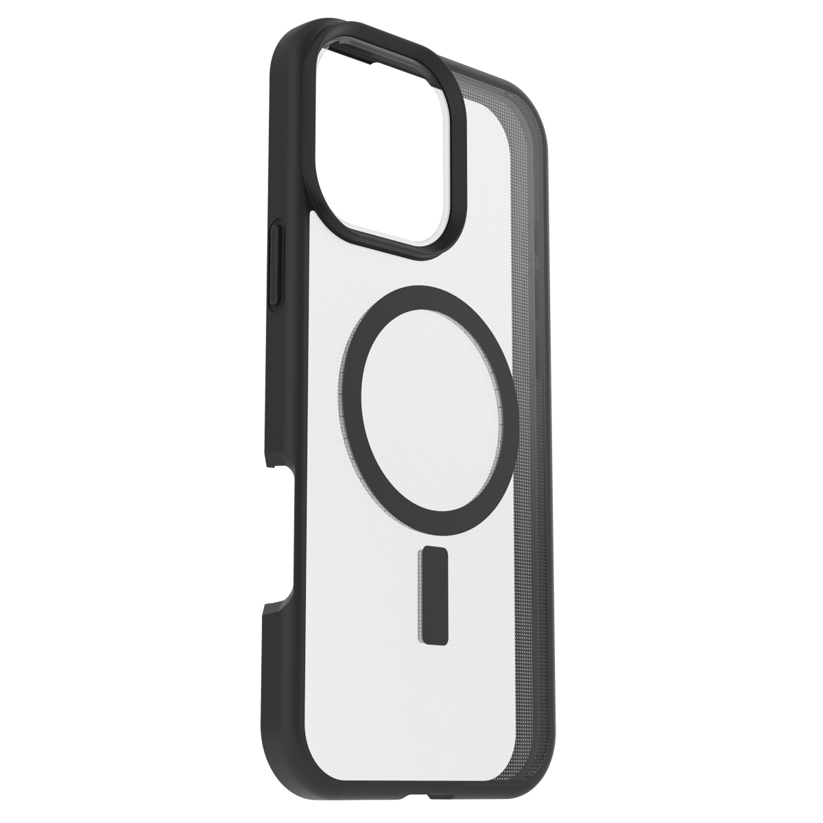 Custodia per iPhone nera e trasparente con anello MagSafe. Vista laterale con pulsanti.