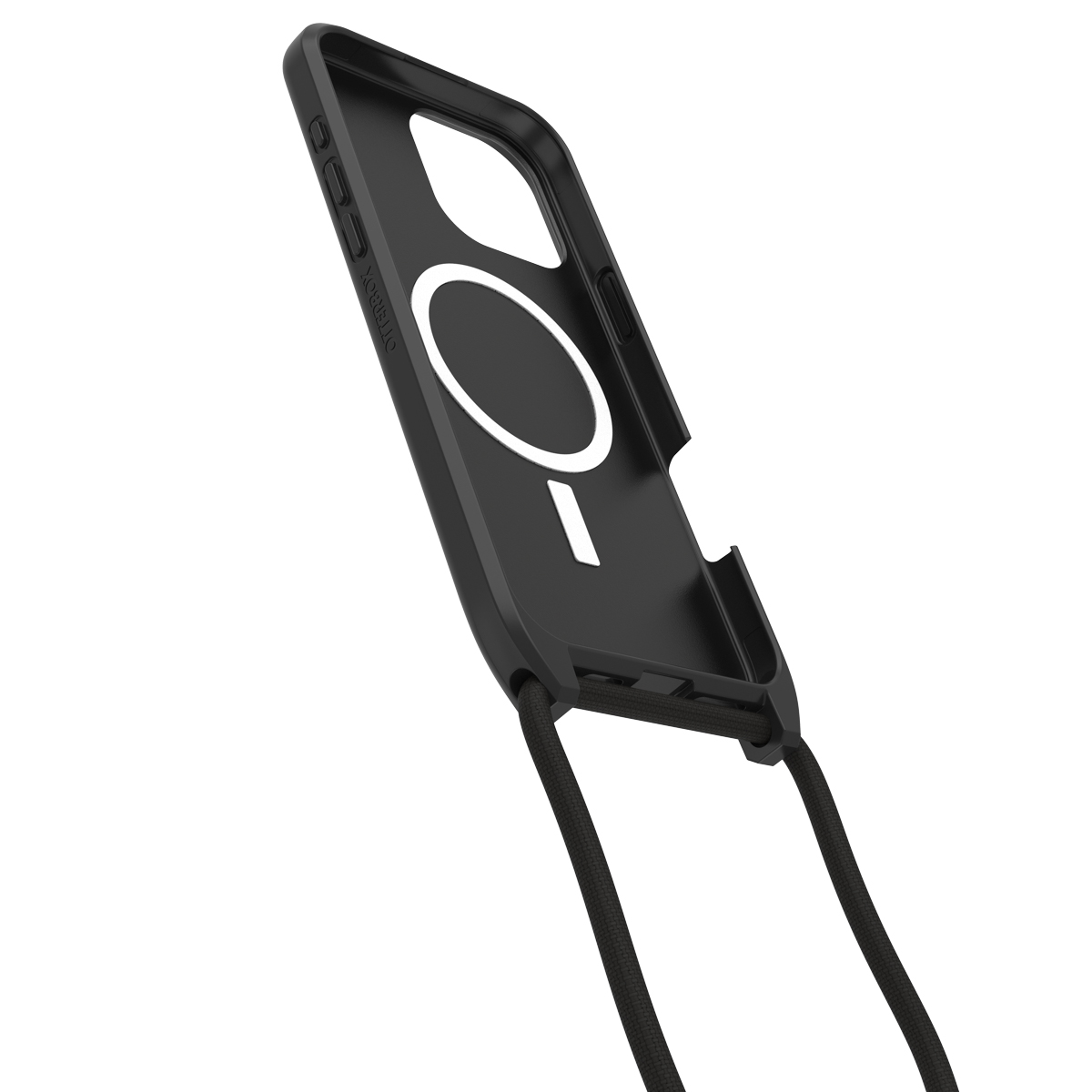 Schwarze Handyhülle mit Lanyard. Die Hülle ist abgewinkelt und hat ein weißes Kreisdesign.