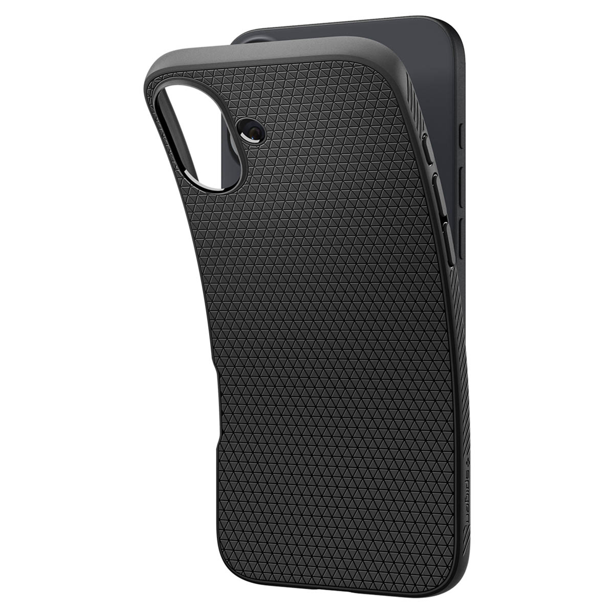 Custodia nera con retro strutturato e un iPhone parzialmente inserito.