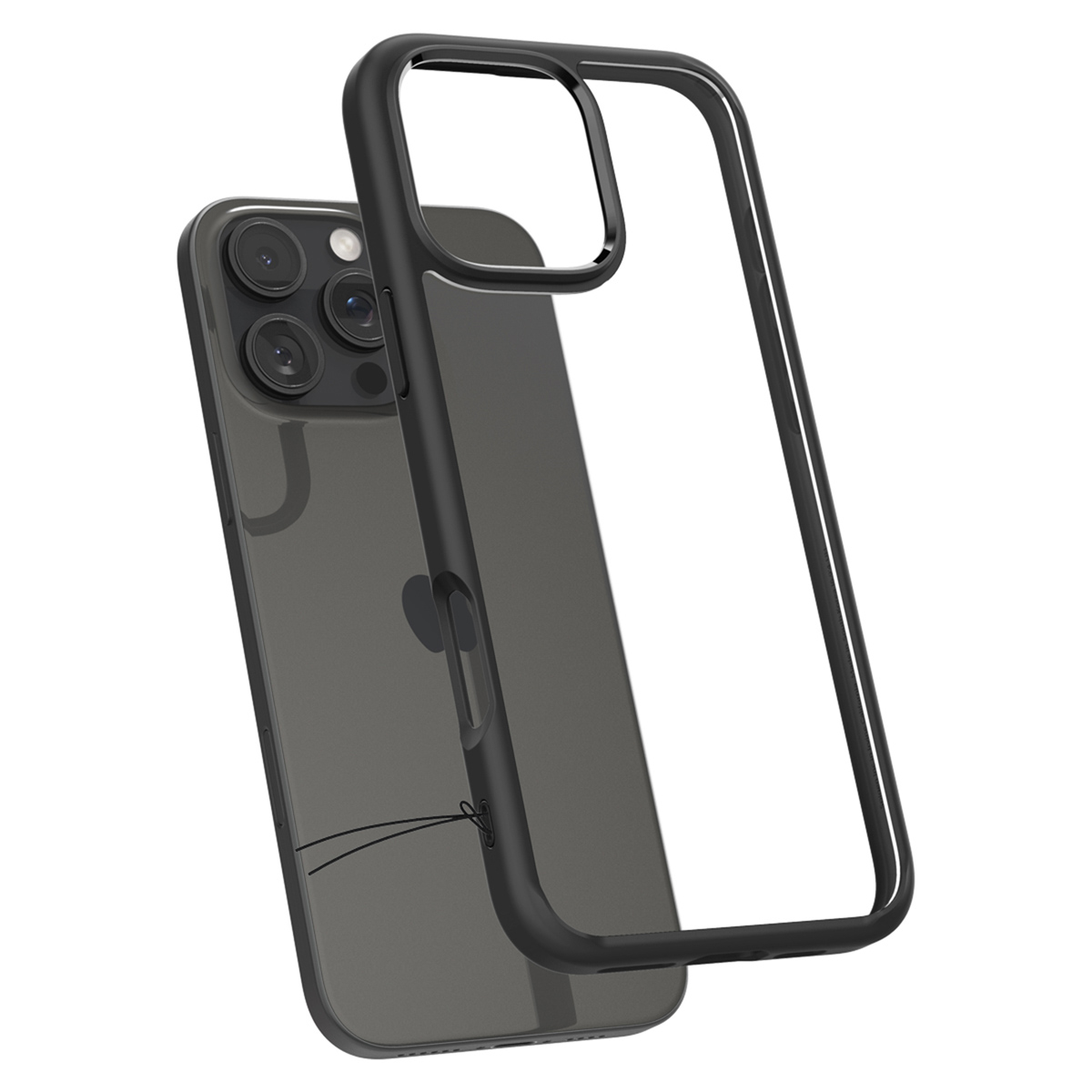 iPhone avec un étui noir. L'étui est transparent, l'iPhone est en arrière-plan.