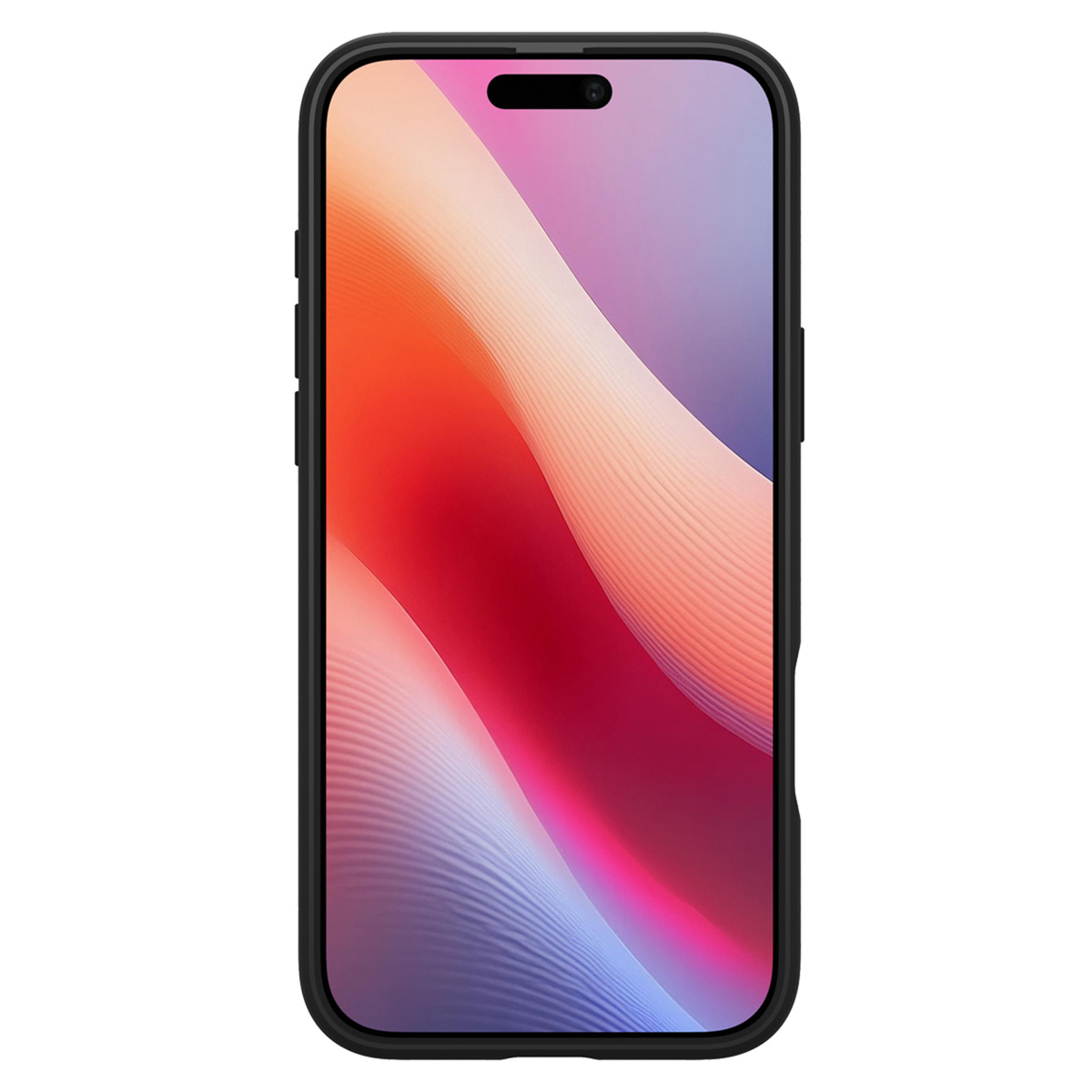 Téléphone noir avec une coque montrant un design de fond abstrait et coloré.