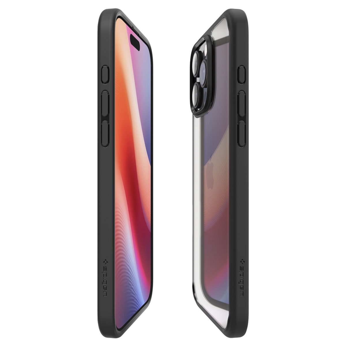 Deux téléphones dans des étuis côte à côte. L'un affiche un écran coloré, l'autre un étui transparent.